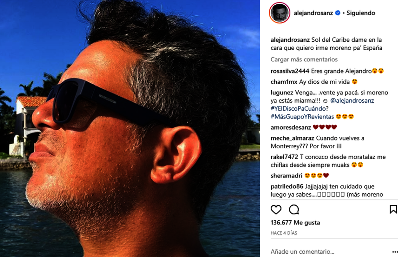 Alejandro Sanz, preparado para venir a España. «Sol del Caribe dame en la cara que quiero irme pa España», escribía en el pie de foto de la istantánea. Seguro que cuando llegue ya es el primero en la línea de carbonizados.