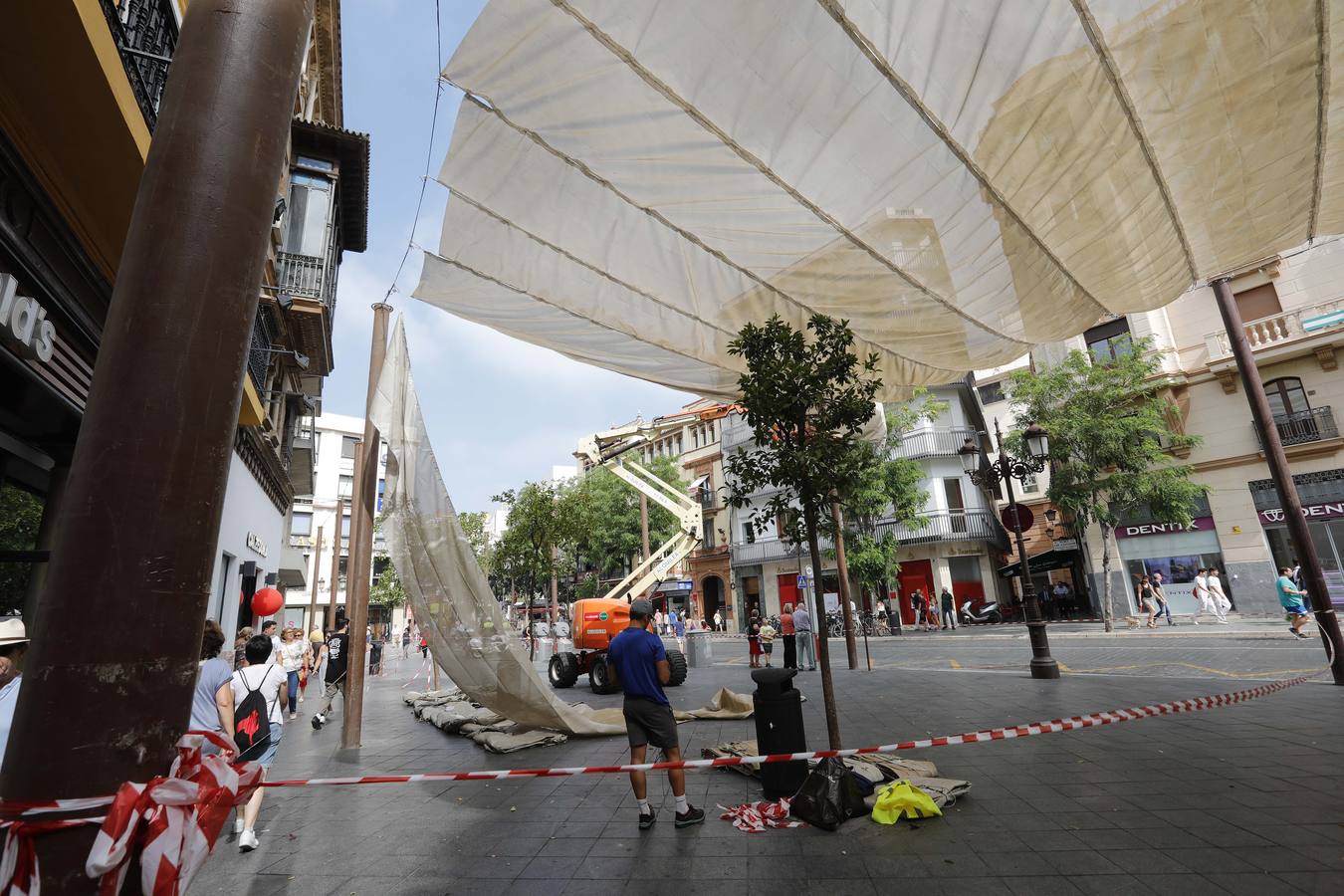 Colocación de toldos en el Centro de Sevilla por el calor