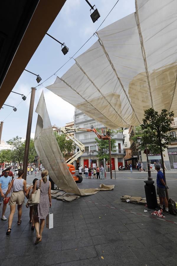 Colocación de toldos en el Centro de Sevilla por el calor