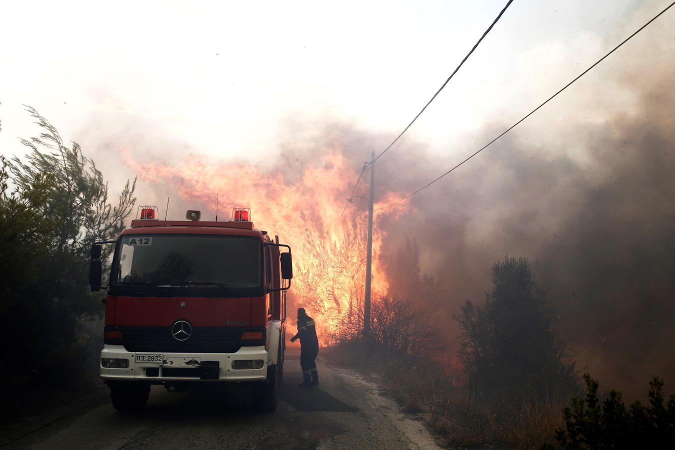 Bomberos tratan de extinguir un incendio en Penteli, al norte de Atenas (Grecia). 