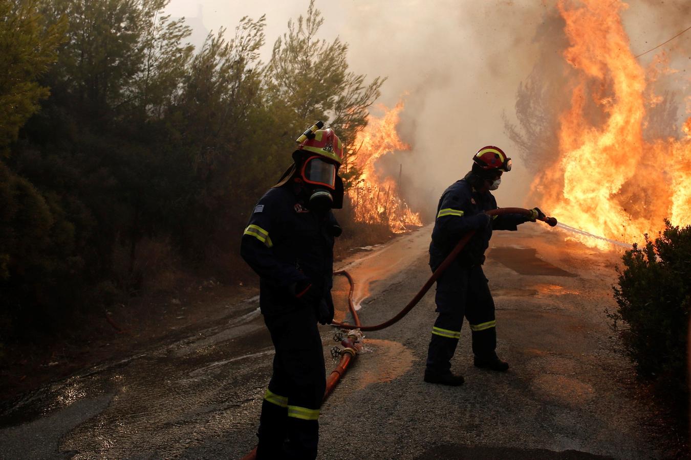 Bomberos tratan de extinguir un incendio en Penteli, al norte de Atenas (Grecia). 