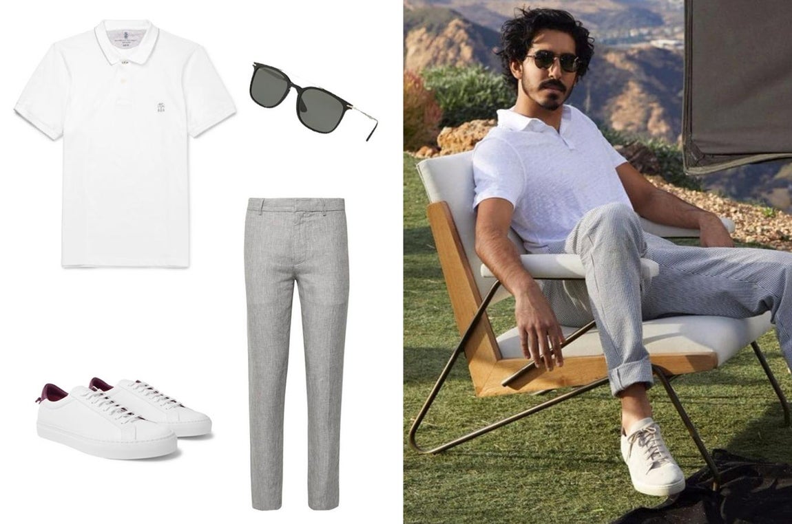 Look de Dev Patel para ir a la oficina en verano. El actor conocido por su papel en ‘Slumdog Millionaire’ ha pasado a ser uno de los hombres más elegantes de Hollywood por su estilo minimalista e inteligente que viene genial para ir a trabajar en los meses de más calor sobre todo si tu puesto no requiere de unos códigos estrictos de vestimenta. En ese caso, aprovecha a lucir zapatillas blancas como estas de Givenchy (Precio: 395 euros) que van genial con unos chinos de pata de gallo pensados para un clima más cálido (Precio: 175 euros). Con un polo de manga corta realizado en algodón (Precio: 350 euros) y unas gafas de sol con doble puente de Persol (Precio: 212 euros) el resultado será infalible.