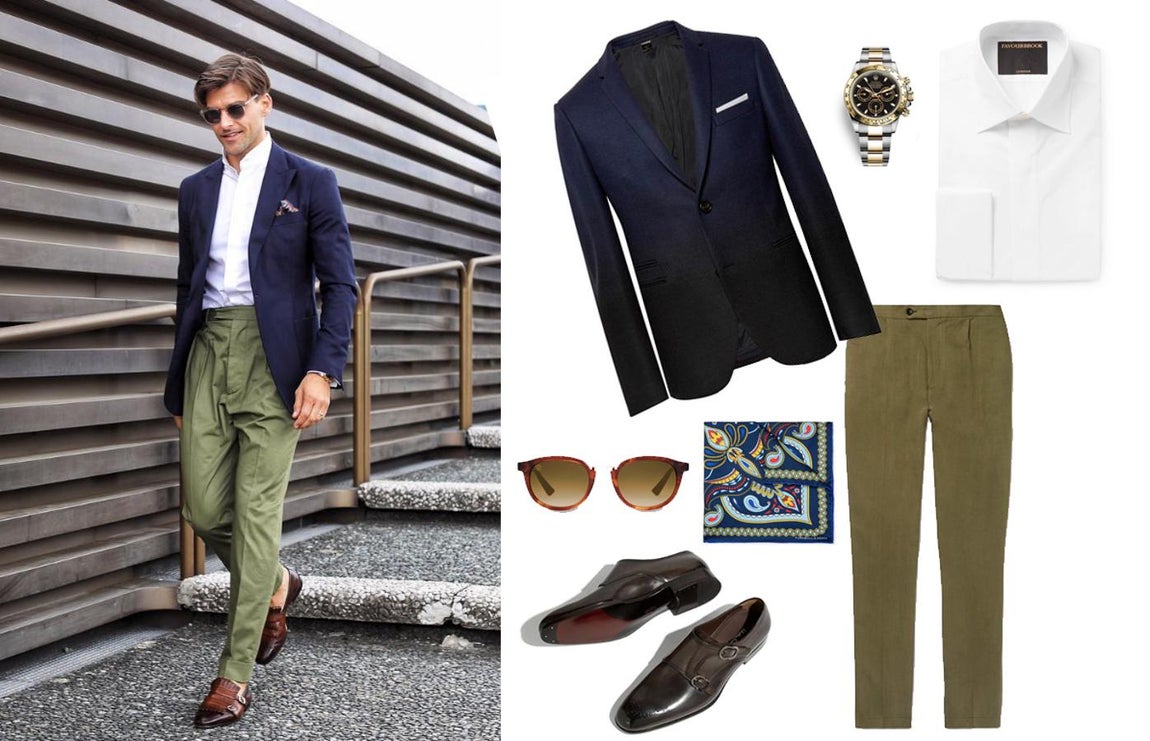 Look de Johaness Huebl para ir a la oficina en verano. El modelo e influencer se ha ganado a pulso aparecer en esta galería porque es misión imposible pillarle en un renuncio estilístico. Las camisas blancas siempre son sus preferidas independientemente del mes del año en el que nos encontremos y sabe muy bien que son el comodín perfecto ante cualquier look y situación. Para ir a la oficina cuando las temperaturas son demasiado altas, lo mejor es tirar de sensatez y dejar que sean las prendas más frescas y transitables las que nos acompañen. En este caso te proponemos una camisa de Fabourbrook (Precio: 135 euros) con una blazer en degradé de Neil Barrett (Precio: 1675 euros), un pantalón de P.Johnson (Precio: 425 euros), unos zapatos con doble correa de Salvatore Ferragamo (Precio: 995 euros), unas gafas de sol marrones de Taylor Morris (Precio: 180 euros), un pañuelo de estampado paisley en varios colores de Turnbull&amp;Asser (Precio: 75 euros) y el reloj cosmograph Daytona de Rolex (Precio: 15.600 euros) que marcará la diferencia.