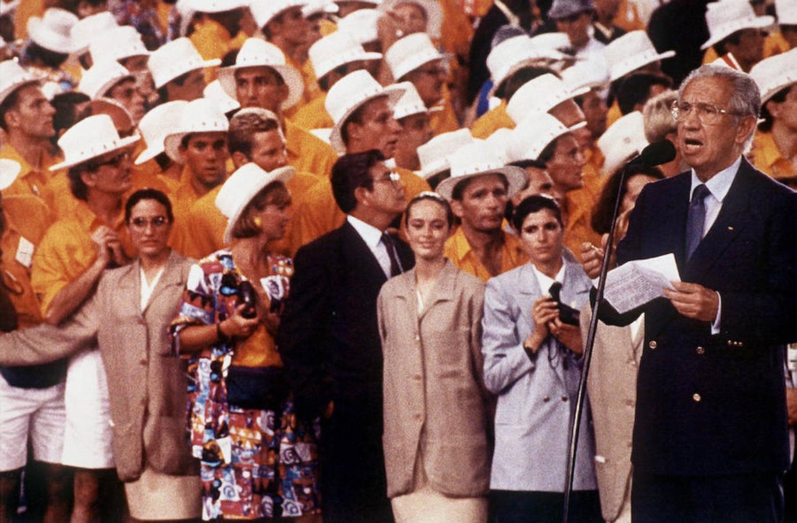 Ceremonia inaugural de los Juegos Olímpicos de Barcelona 92. Discurso protocolario del presidente del COI, Juan Antonio Samaranch,