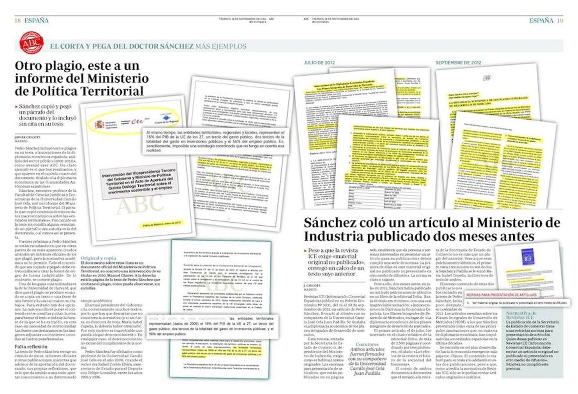 Más y más ejemplos. Otro plagio, en el capítulo cuatro de la tesis, afectó a un informe del Ministerio de Política Territorial. Sánchez copió y pegó un párrafo del documento y lo incluyó sin cita en la tesis doctoral.
