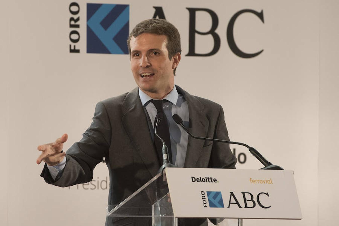 El líder del PP, Pablo Casado, durante su ponencia en el Foro ABC-Deloitte,. 