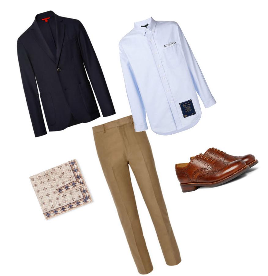 Look ‘smart casual’ para la cena de empresa. Depende del ámbito de tu trabajo pero lo habitual suele ser que este tipo de reuniones sean informales y distendidas por lo que lo mejor es que escojas prendas de este estilo para acudir. Un ejemplo podría ser unos pantalones camel de The Row (Precio: 850 euros) con una camisa azul de Alexander Wang (Precio: 440 euros) y una blazer de Barena (Precio: 780 euros). Como complementos, un pañuelo estampado de Brunello Cucinelli Precio: 140 euros) y unos zapatos tipo brogue de Grenso (Precio: 330 euros).