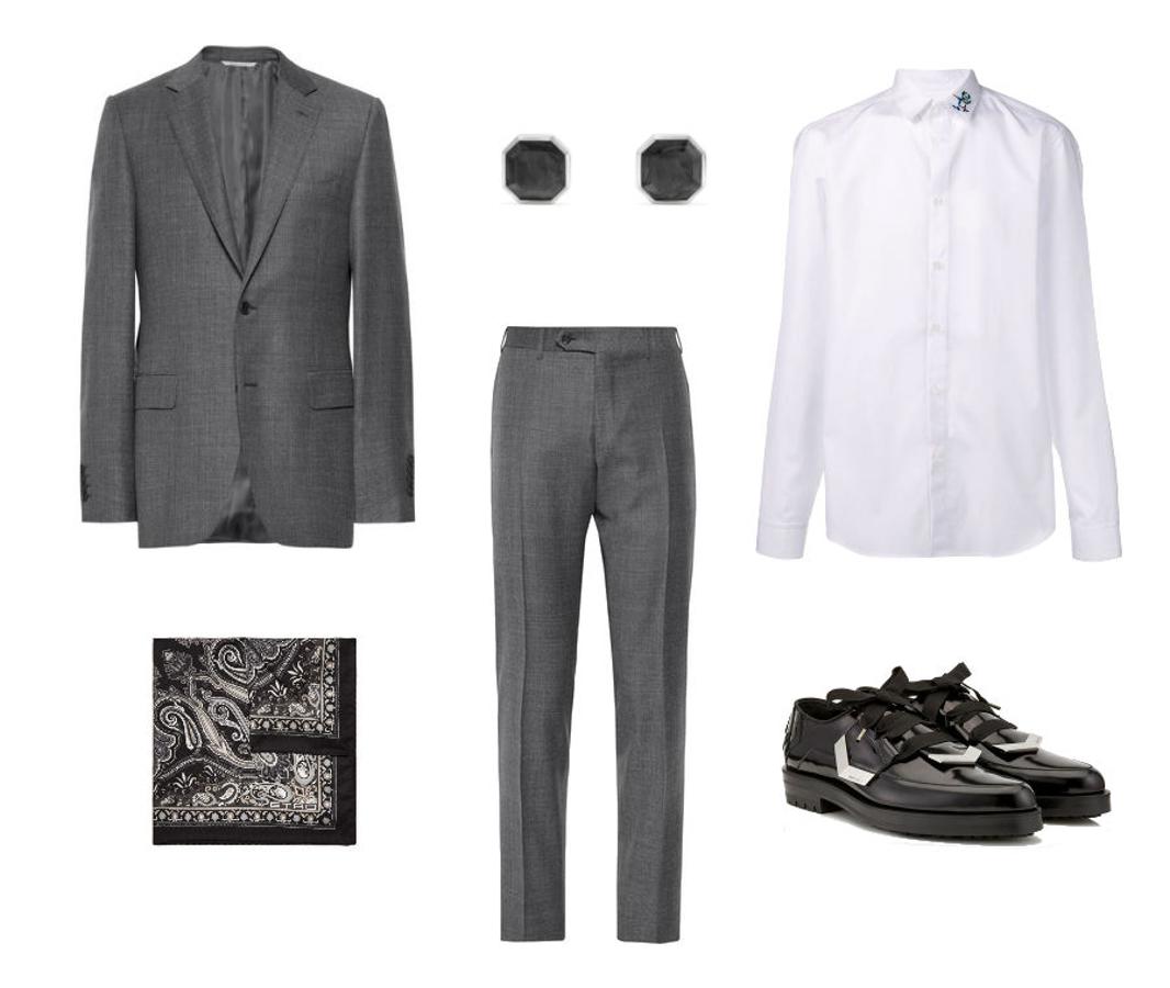 Look con traje y jersey para la cena de empresa. Deja la corbata en casa y saca partido a este traje en color gris de Canali (Precio: 1,495 euros la chaqueta y 445 euros el pantalón) con una camisa blanca de Kenzo (Precio: 175 euros), unos gemelos en negro y plata de David Yurmann (Precio: 555,97 euros) y un pañuelo estampado de Etro (Precio: 125 euros). En los pies, unos zapatos más informales de Jimmy Choo (Precio: 950 euros) que marcarán la diferencia.