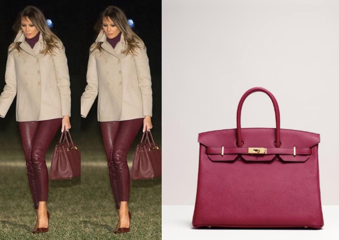 El icónico bolso Hermès es el modelo preferido de Melania trump a juzgar por todas las veces que lo muestra y en la gran variedad de colores que lo posee. En esta ocasión luce un Birkin de Hermès en un tono burdeos y en tamaño de 35 cm. El famoso Birkin de Hermès apareció en 1990 y cada día reúne una buena cantidad de nuevos clientes dispuestos a dar vida a esta joya.
