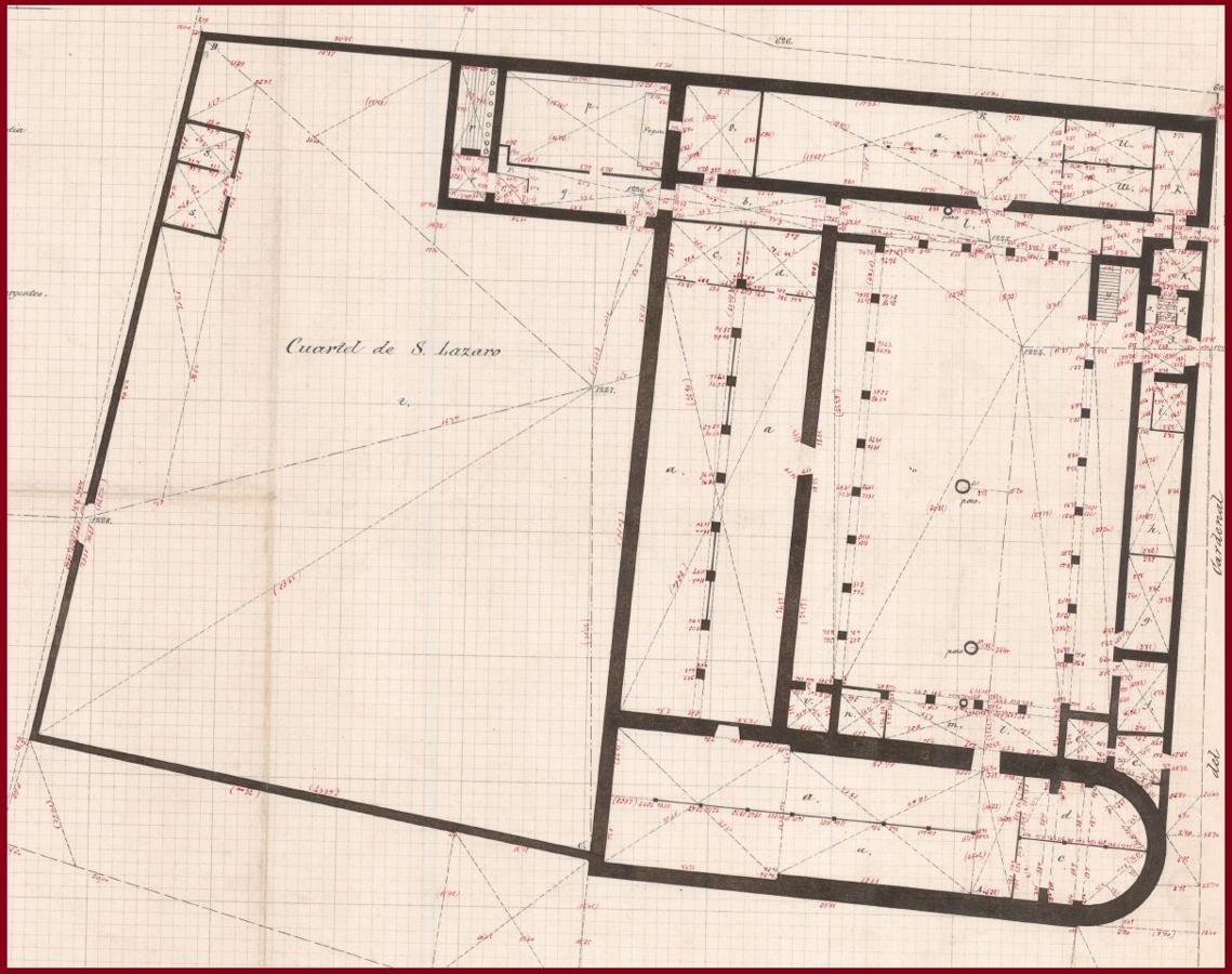 Planta baja y patio posterior del Cuartel de San Lázaro en 1882. Instituto Geográfico y Estadístico. 