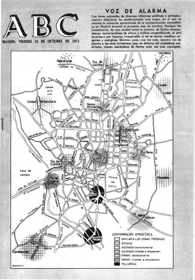 1971, «Voz de alarma». Un mapa sitúa los principales focos de polución en Madrid. «El aire terminará por hacerse irrespirable si no se toman medidas urgentes y enérgicas», reza la portada.. 