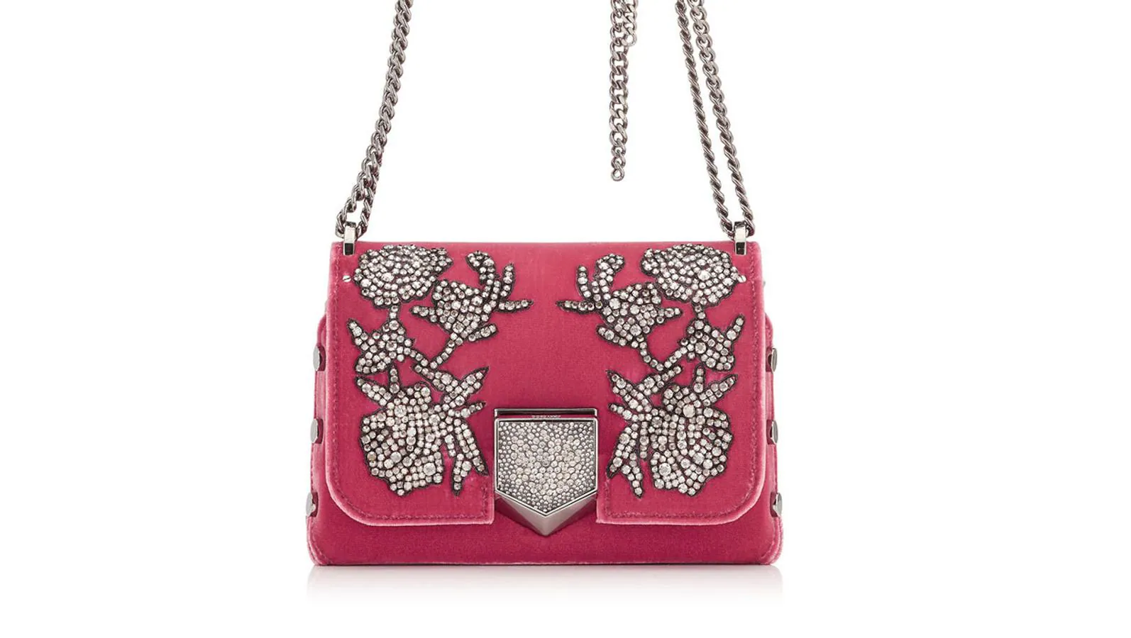 Bolso de terciopelo rosa con detalles de cristal, modelo Lockett Petite de Jimmy Choo (precio: 898 euros / antes: 1.795 euros)