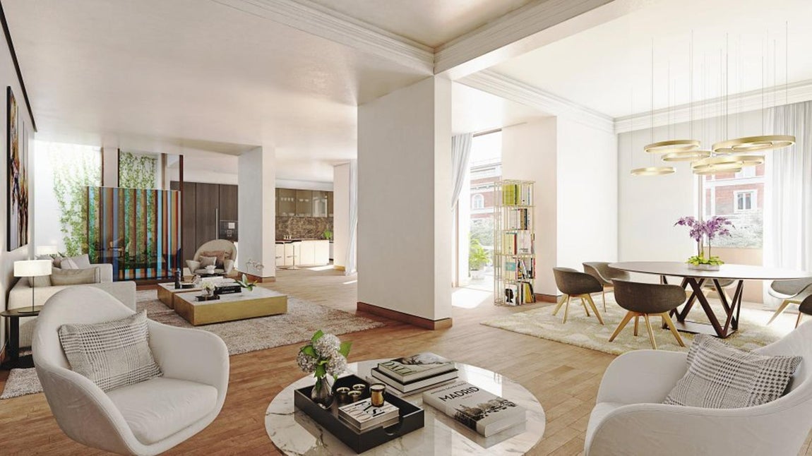 Salón principal. En pleno centro de Madrid, más concretamente en la calle Montalbán, se encuentra el ático más caro de España, que acaba de salir a la venta por la friolera de 14,6 millones de euros, la vivienda más cara hasta el momento.