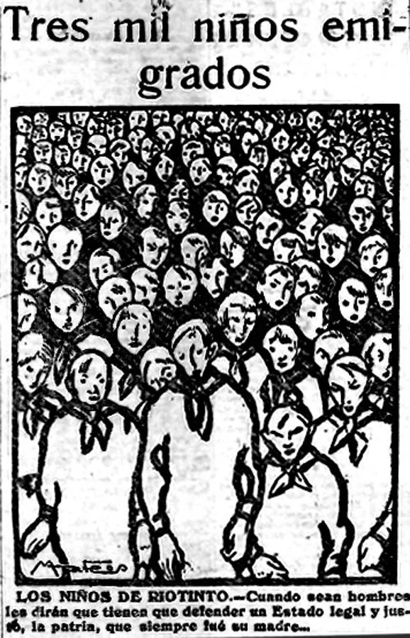 Viñeta de “El Socialista”, alusiva a la acogida por toda España de los niños de Riotinto. 
