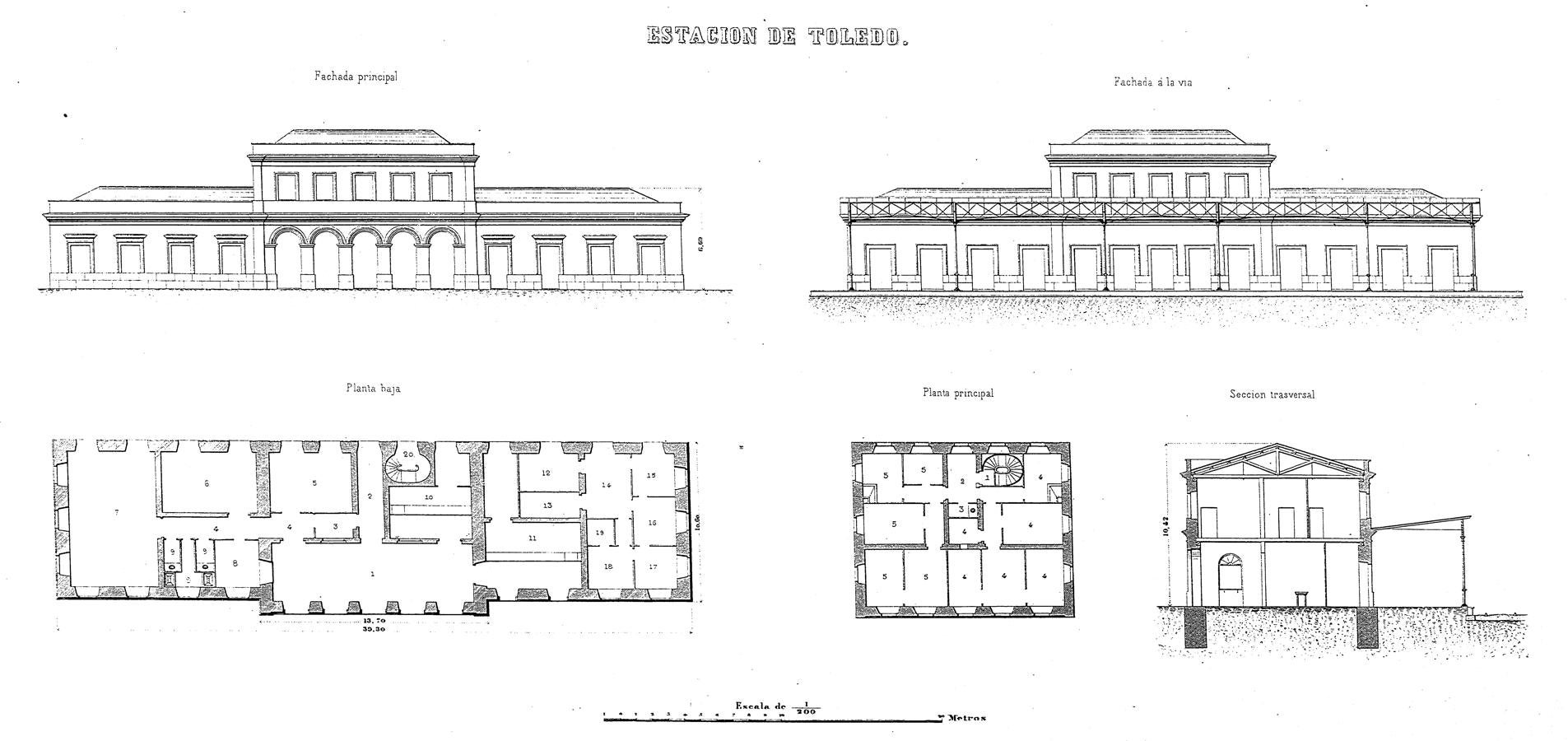 Planos del edificio de la estación en la Revista de Obras Públicas (1859). 