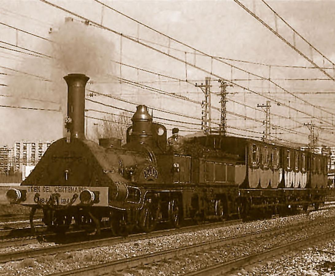 Réplica del convoy que evocó, en 1948, el centenario del ferrocarril Barcelona-Mataró (blog.renfe.com). Similar máquina se empleó en la línea de Castillejo-Toledo. 