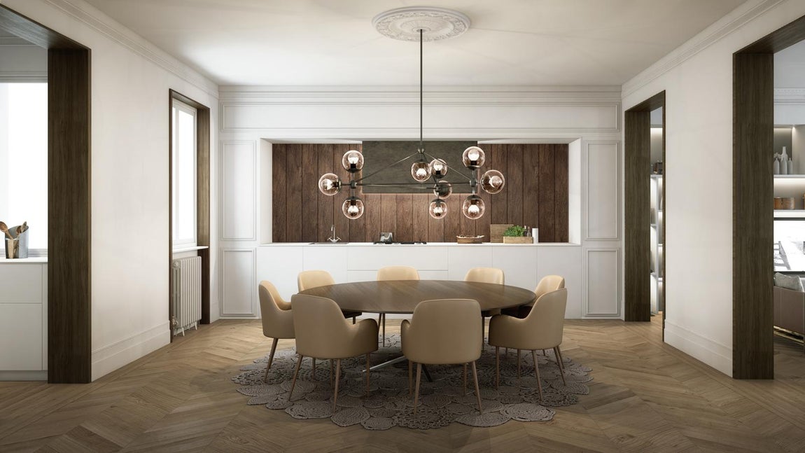 Cortes: 2.350.000 €. Las viviendas el edificio tienen entre 222 y 265 metros cuadrados últiles. El pavimento será, en salones y dormitorios, de parqué dispuesto en espiga. En cocina y cuartos de baño el mármol será el protagonista. El mobiliario de la cocina se encargará a bovet y el del cuarto de baño lo dispondrá una firma de lujo aún por concretar