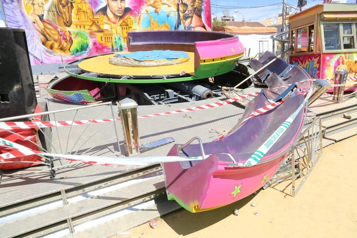 En imágenes, así ha quedado la atracción accidentada de la feria de San José de la Rinconada