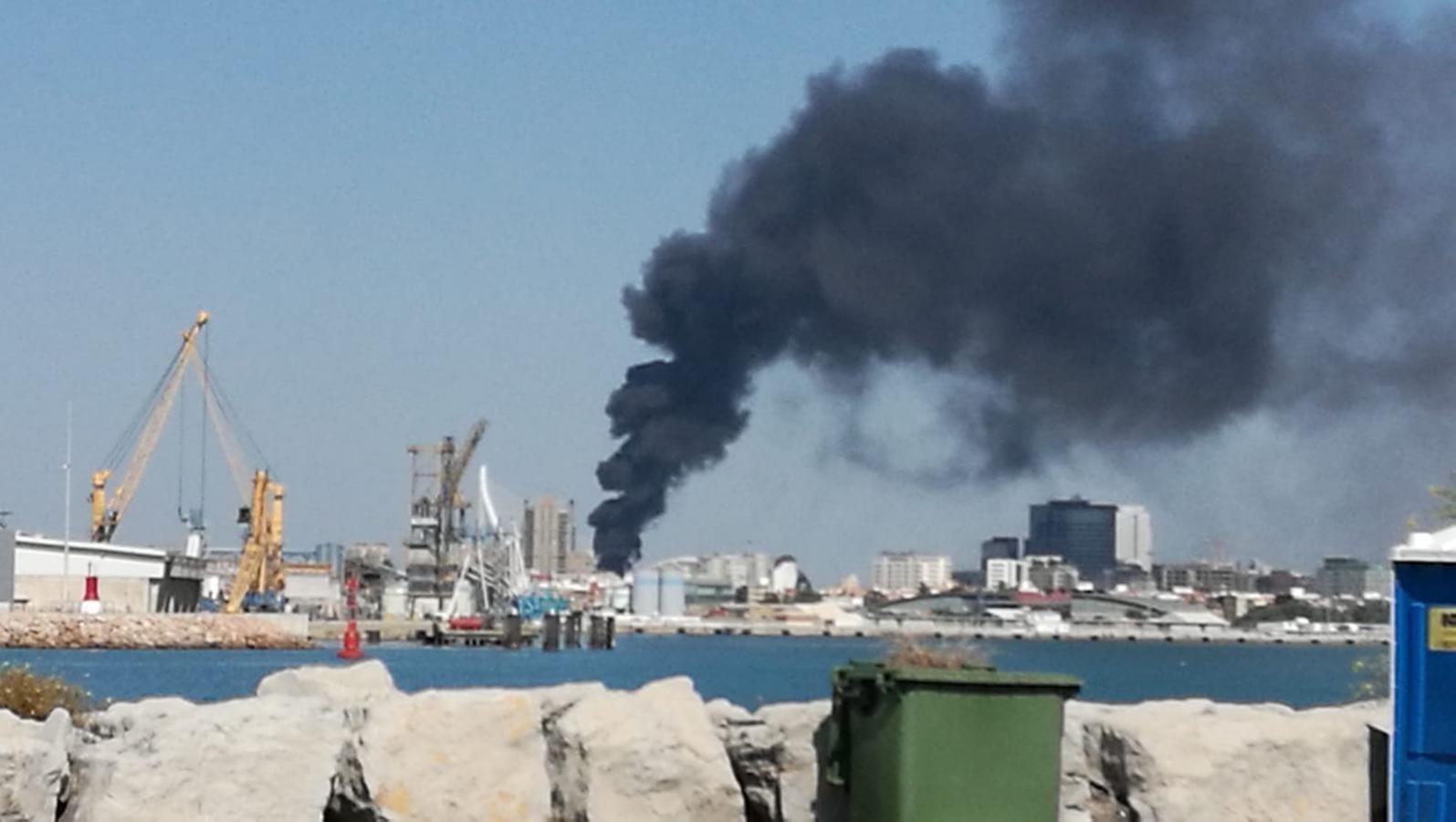 Vista del incendio del Oceanogràfic desde el puerto de Valencia. 