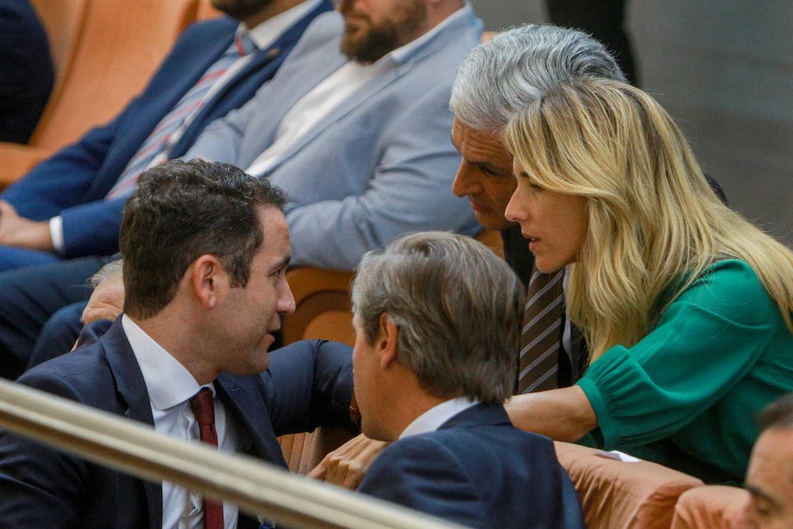Teodoro García Egea, junto a Cayetana Álvarez de Toledo y Adolfo Suárez Illana, en un momento del pleno de investidura en la Asamblea madrileña. 
