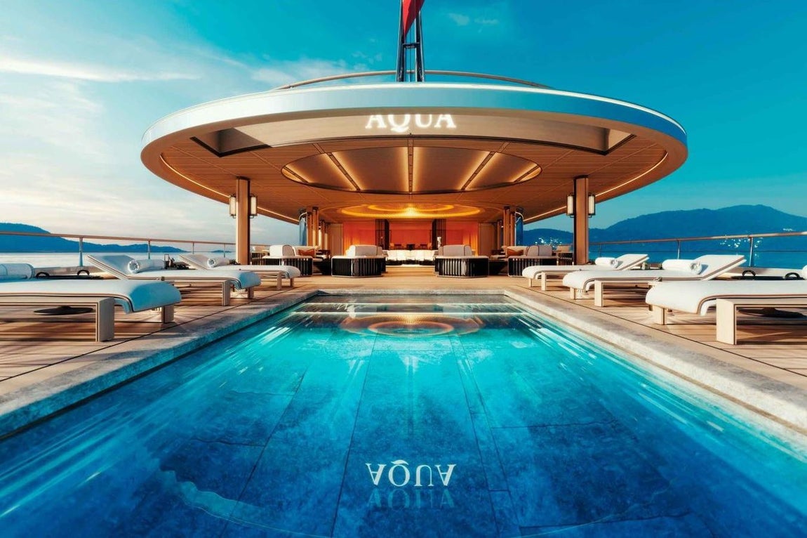 Aqua. El barco, además de lujoso y vanguardista, se catalogaría en el sector de los gigayates por su tamaño: mide 117m de eslora