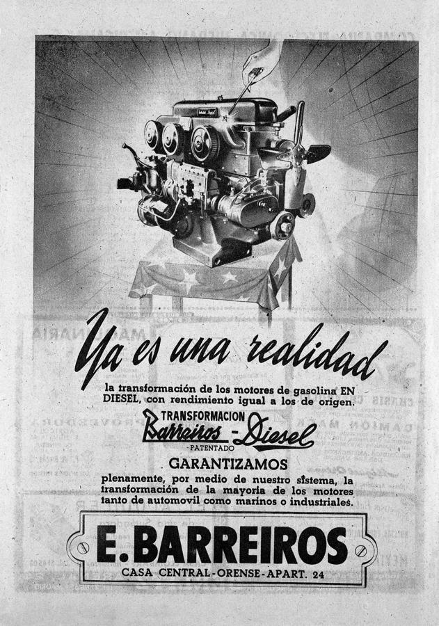 Anuncio a toda página en el diario ABC del día 1 de noviembre de 1951, dela transformación de motores de gasolina a diésel por Barreiros.. 