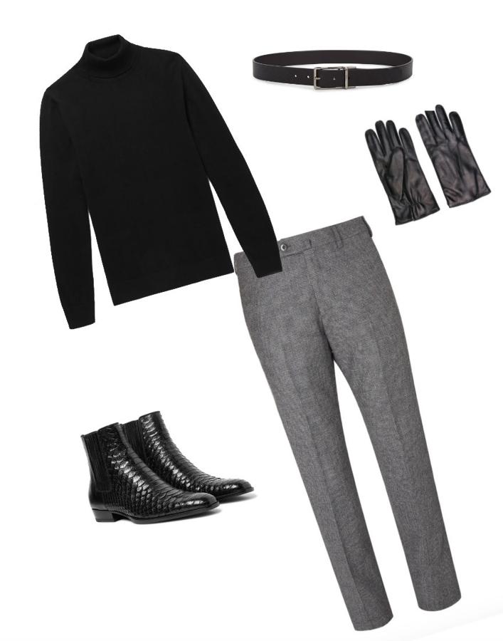 Look de nochebuena en negro y gris. El jersey de cuello vuelto siempre es una opción elegante a tener en cuenta. Eso sí, que sea de punto fino para que evitar que la calefacción te pase factura. Nuestra propuesta es este de Mr P (Precio: 155 €) que puedes llevar con pantalón gris de Loro Liana (Precio: 750 €), cinturón de Loewe (Precio: 350 €), botines de Saint Laurent (Precio: 1795 €) y guantes de Ann demeulemeester (Precio: 353 €).