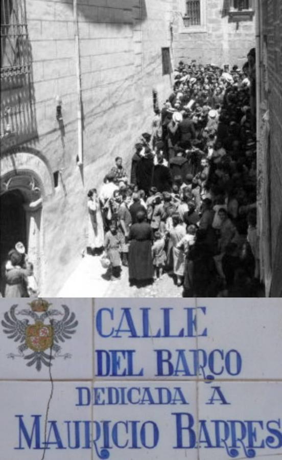 Junio de 1924. Acto público para renombrar la calle del Barco a favor de Maurice Barrès (Foto Archivo Histórico Provincial de Toledo) y azulejo con la actual dedicatoria. 