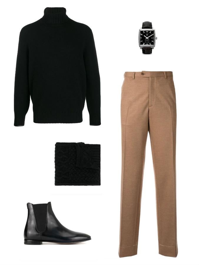 Look de Nochevieja con jersey y pantalón de pinzas. No todo son lujosas fiestas para despedir el año. Puede que tu plan para las últimas horas del 2019 sea pasarlas tranquilo con amigos o familia en una casa por eso, si es así, opta por la comodidad con un pantalón beige como este de Brioni (precio: 2.151 euros), un jersey de cuello vuelto de Brunello Cucinelli en color negro (precio: 1.990 euros), una bufanda de ochos de Michael Kors (precio: 63 euros), un jersey de Tag Heuer (precio: 1.600 euros) y unos botines de Francesco Russo (precio: 13.866 euros).