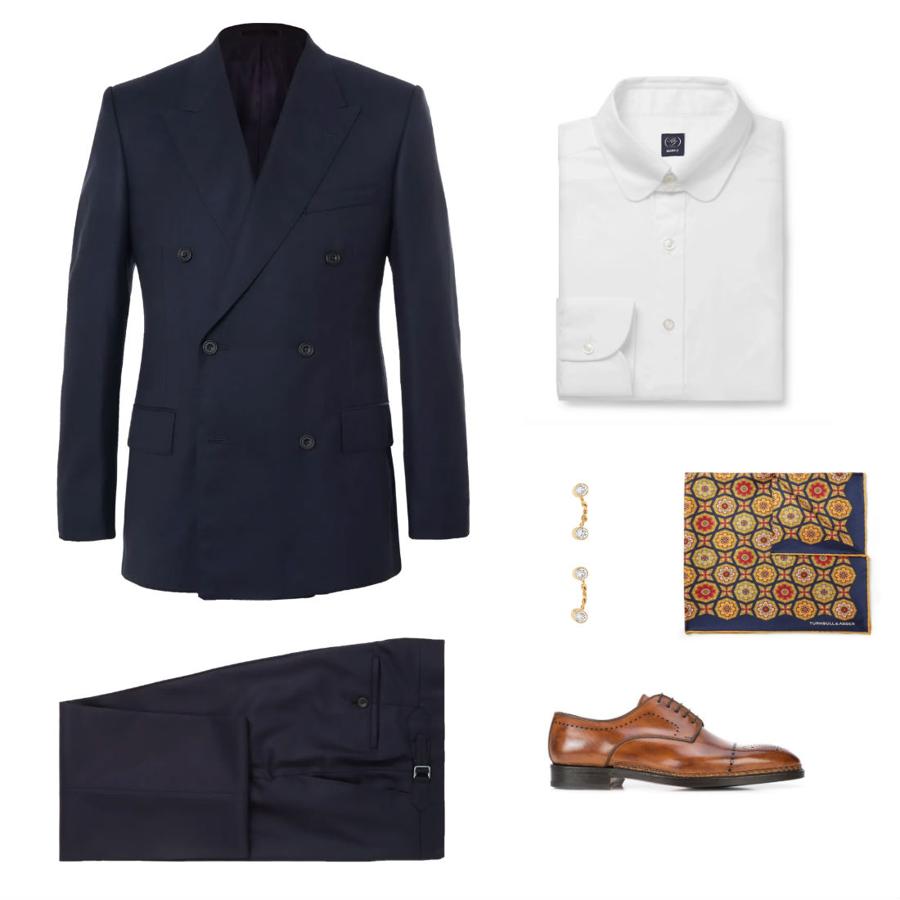 Look de Nochevieja con traje cruzado. La sofisticación del traje cruzado siempre se agradece en este tipo de celebraciones. Prueba con este diseño de Kingsman en azul marino (precio: 1.795 euros) que puedes llevar con una camisa blanca de Beams (precio: 205 euros), un pañuelo estampado de Turnbull and Asser (precio: 75 euros), unos gemelos de Burberry (precio: 370 euros) y unos zapatos de Bontoni (precio: 1.826 euros).