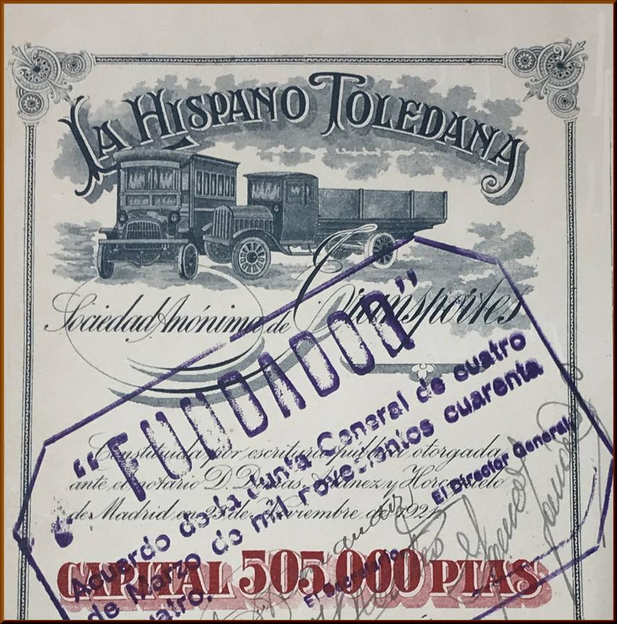 Cabecera de una acción de la Hispano-Toledana Sociedad Anónima de Transportes constituida en 1921. Archivo Municipal de Toledo. Colección Luis Alba. 