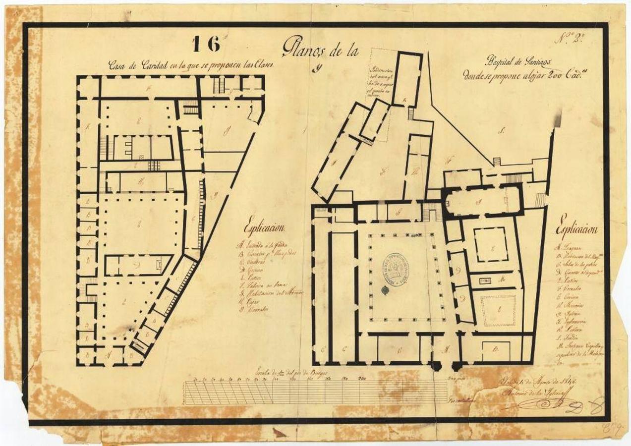 Planos de la Casa de Caridad y del Hospital de Santiago, previstos para clases y alojamientos del Colegio General Militar. Antonio de la Iglesia, 1846. España. Ministerio de Defensa. Instituto de Historia y Cultura Militar. Archivo General Militar de Madrid. Sign.: A-14-23_TO-02-02 <a href="http://www.portalcultura.mde.es/cultural/archivos">(http://www.portalcultura.mde.es/cultural/archivos/)</a>. 