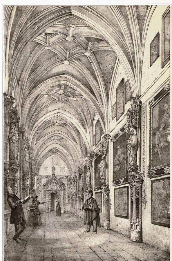 Galería del claustro de San Juan de los Reyes con obras del Museo provincial. Dibujo de Luis Carlos Legrand (1848). En Manuel de Assas: Álbum artístico de Toled. 