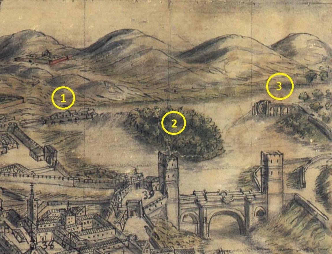 Fragmento de la vista de Toledo dibujada por Arroyo Palomeque hacia 1721. Presa el Cañar (1), isla de Antolínez (2), azud o noria junto a la Huerta del Rey. 