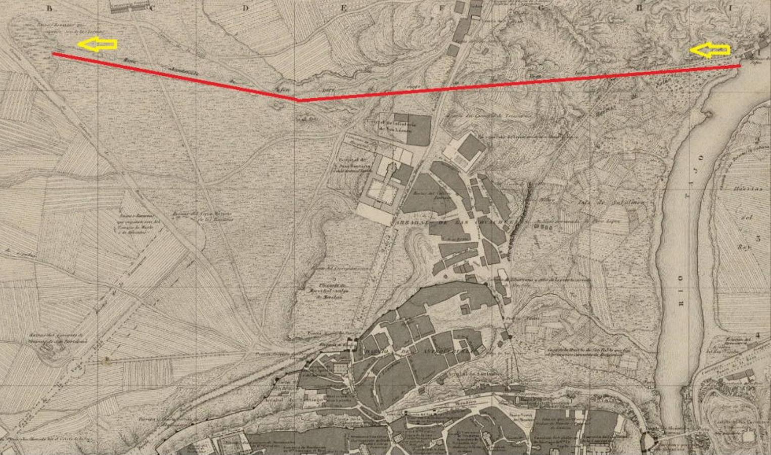 Trazado aproximado de la Mina del Corregidor, entre la orilla del Tajo y la Vega Baja, en las inmediaciones de la actual calle de Coronel Baeza. Gráfico marcado sobre el plano de F. Coello y M. Hijón (1858). 