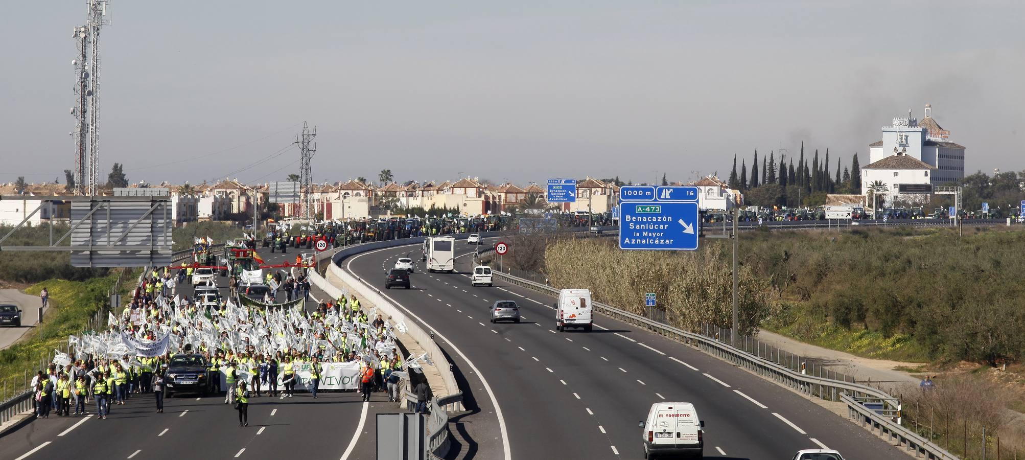 La tractorada corta la autovía que une Sevilla y Huelva, la A-49, en imágenes