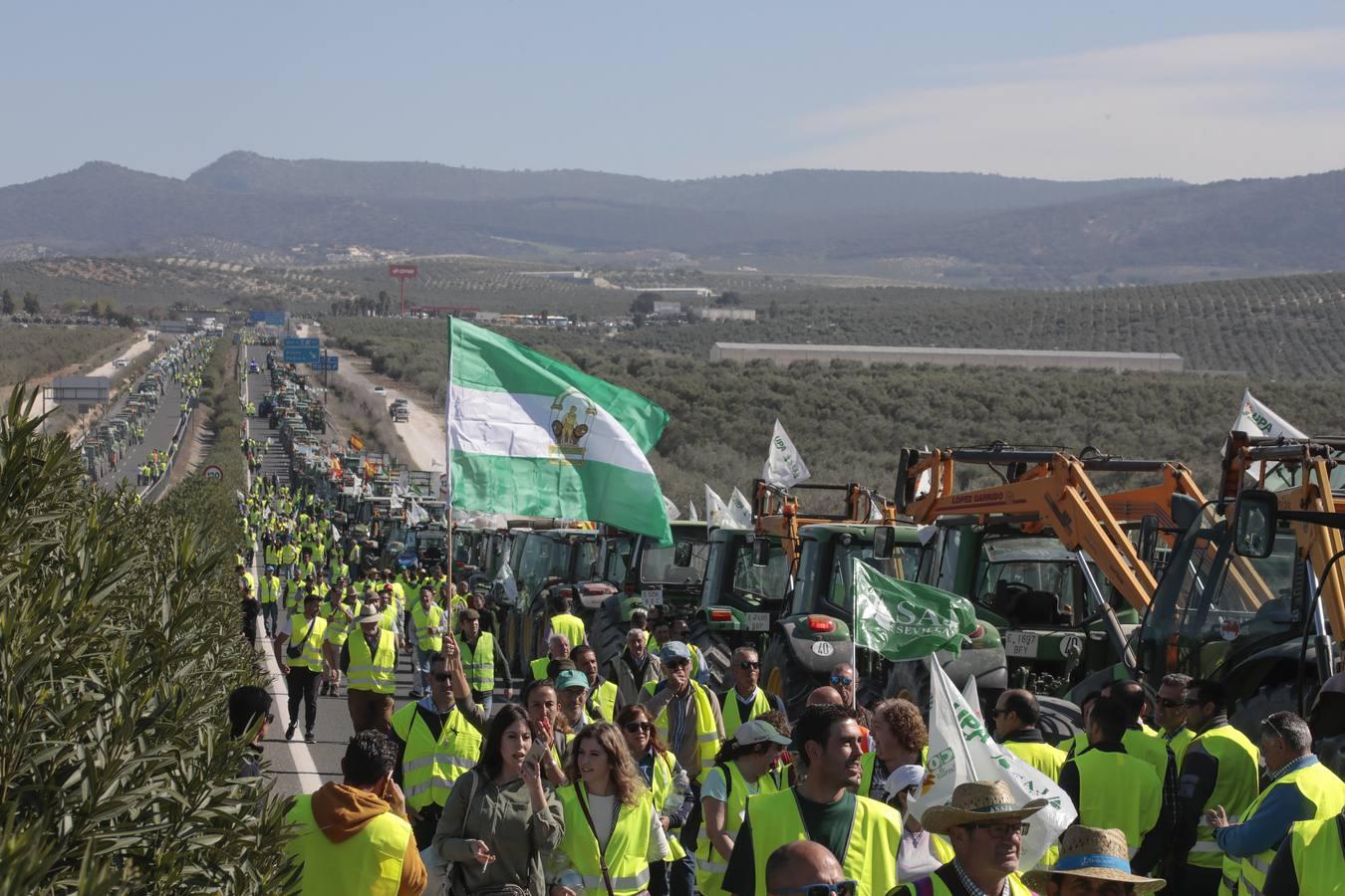 Las imágenes del corte de la autovía A-92 por las tractoradas en Sevilla