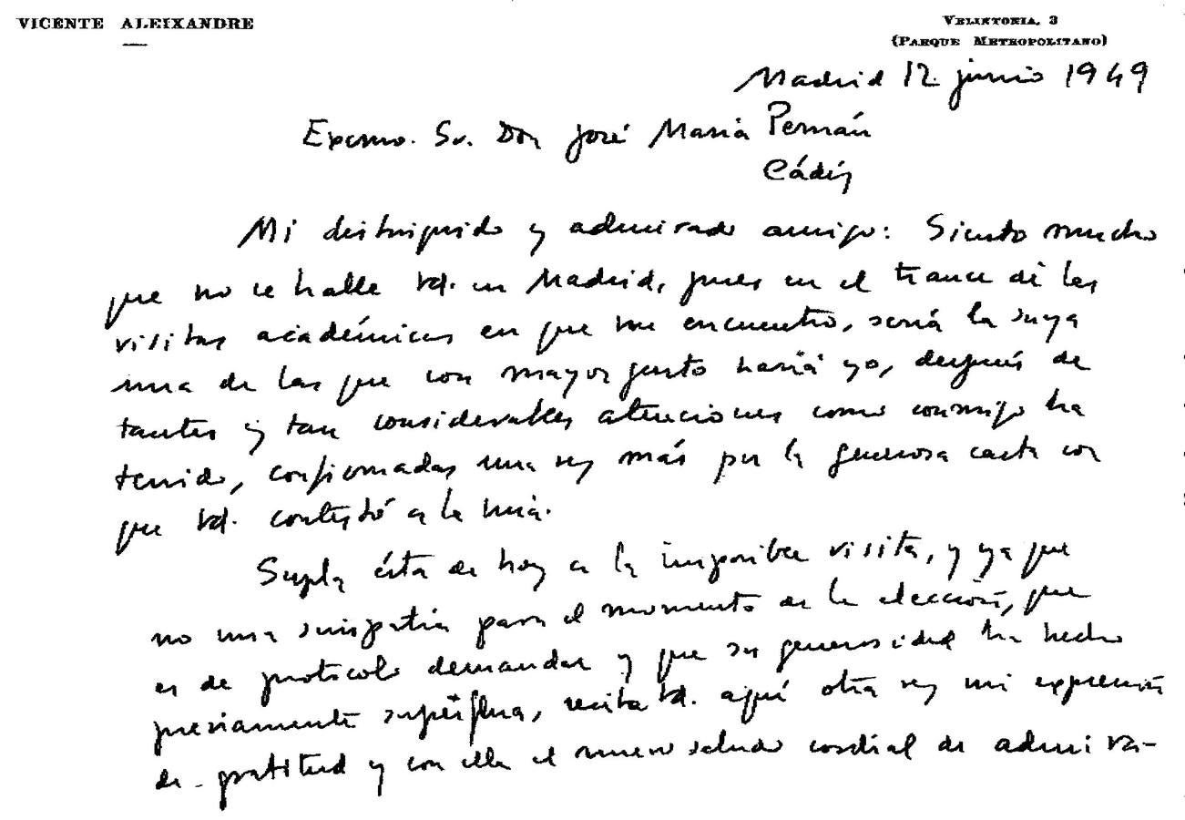 Carta de Vicente Aleixandre a Pemán