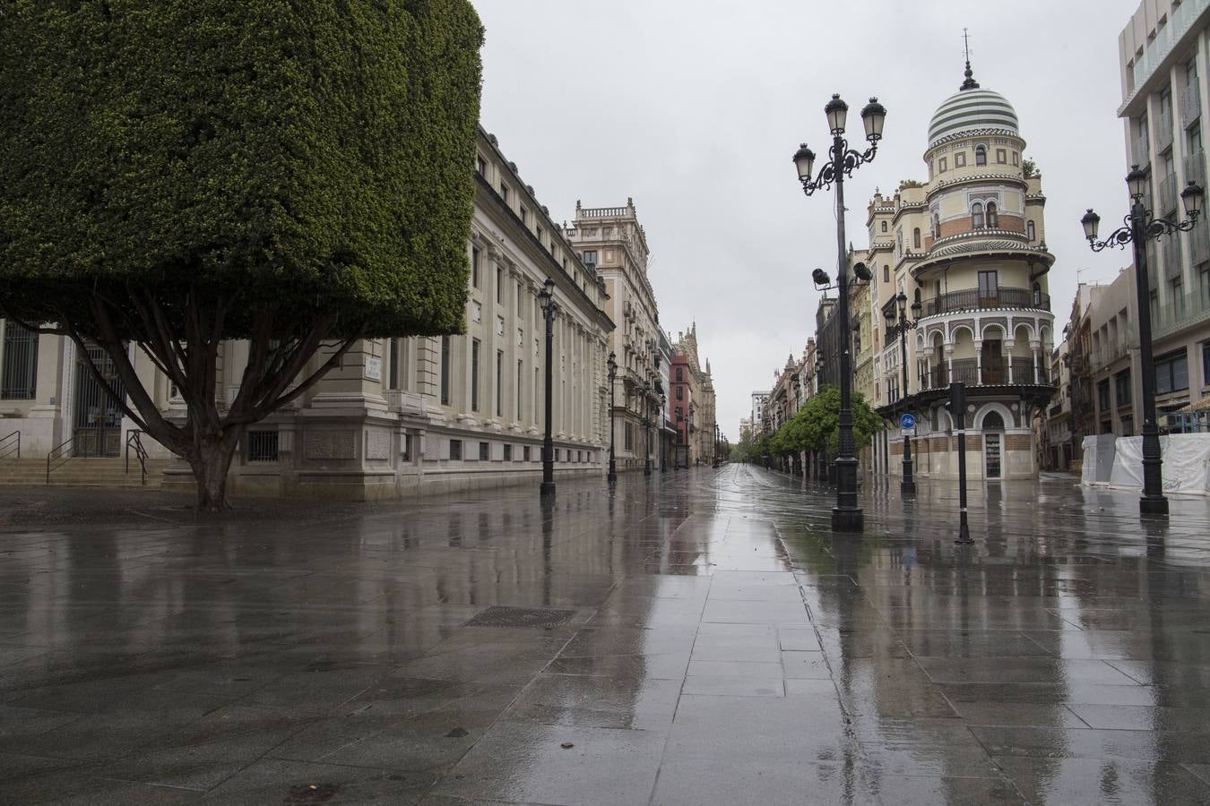 En imágenes, el coronavirus y la lluvia traen una estampa fantasmal de Sevilla