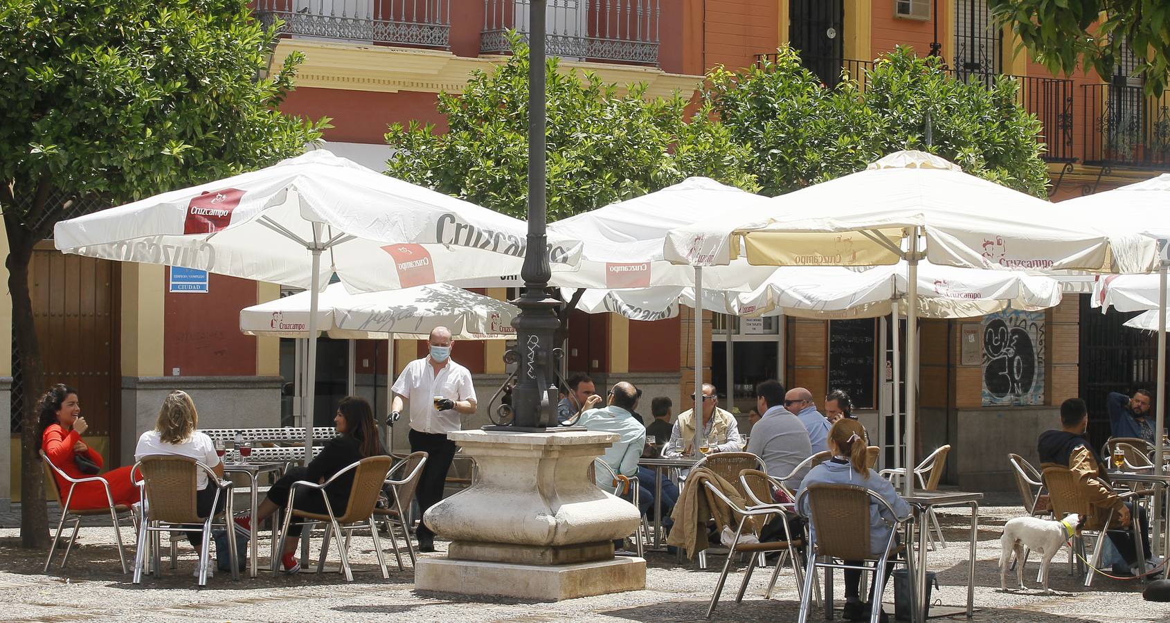 Ambiente en las terrazas de los bares de Sevilla en el tercer día de la fase 1