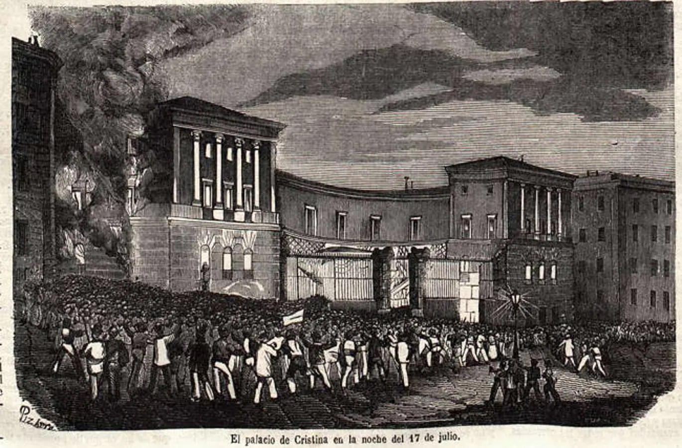 Cecilio Pizarro: Asalto al palacio de María Cristina de Borbón el 17 de julio de 1854. La Ilustración. Periódico universal, 7 de agosto de 1854.. 