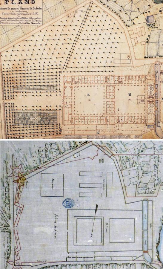 Terrenos de la Fábrica de Armas. Arriba, en 1857, cuando el costado lateral era un espacio vacío. Abajo, plano de Felipe Martín del Yerro (1874), ya con las primeras naves (seguramente de cartuchería) situadas en el mismo lugar. 