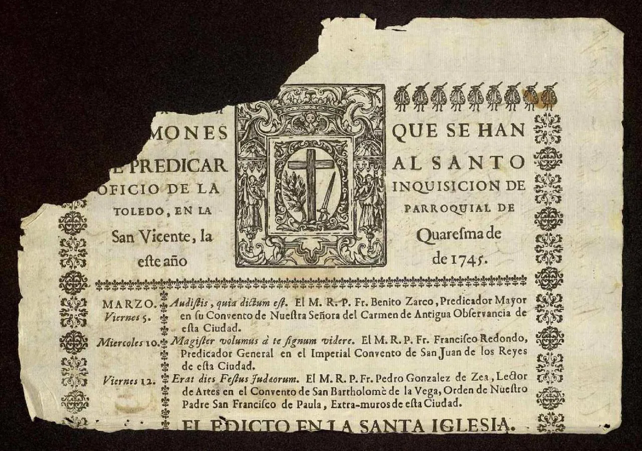 Cartel anunciador de los sermones que se predicaron en la parroquial de San Vicente de Toledo en la Cuaresma de 1745. Archivo Municipal de Toledo. 