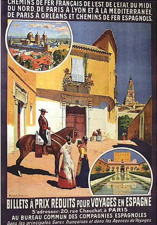 Anuncio de la compañía Chemins de Fer Français, hacia 1901, con una vista del Cerradorcillo de San Bartolomé de Toledo pintada por el granadino Ernesto Gutiérrez (1873–1934). 