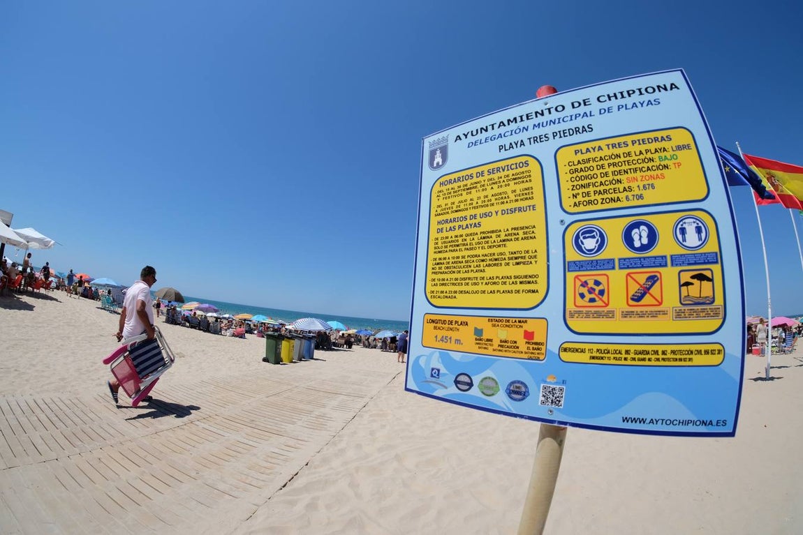 Aforo máximo en la playa de las Tres Piedras de Chipiona