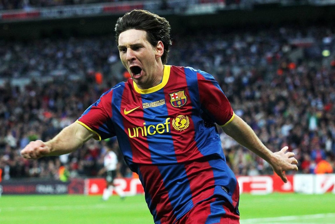 Celebración del futbolista tras anotar el 2-1 el sábado 28 de mayo de 2011, durante la final de la Liga de Campeones de la UEFA, de nuevo contra el Manchester United, en el estadio de Wembley en Londres (Reino Unido). Esta vez el Barça venció 3-1 y se coronó como nuevo campeón de Europa.. 