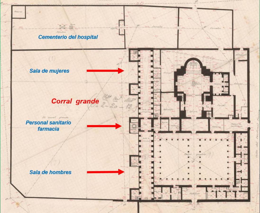 Distribución de los espacios sanitarios y del cementerio del Hospital de Tavera sobre un plano del Instituto Geográfico y Estadístico de 1882. 