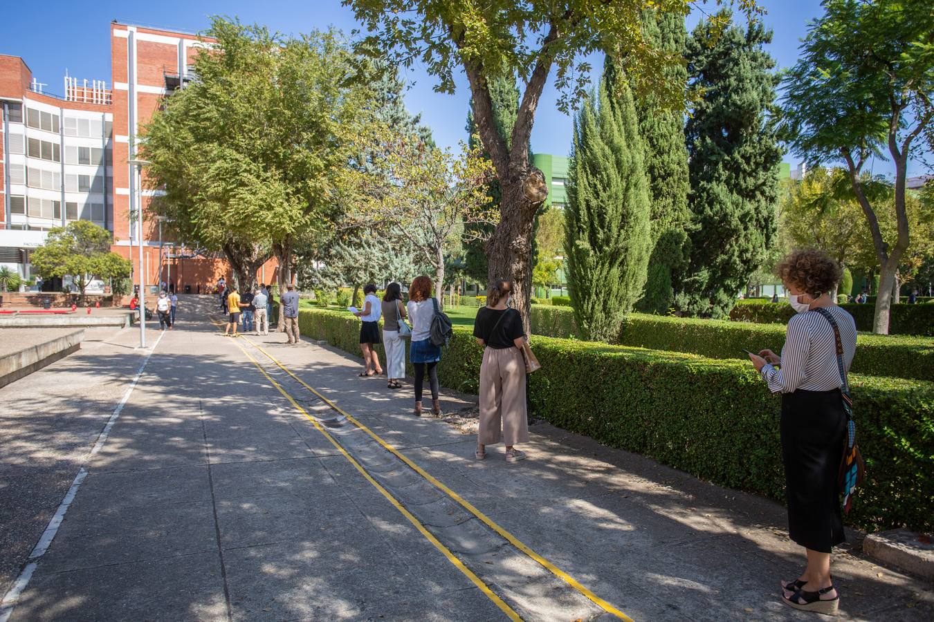 Colas en Reina Mercedes del personal de la Universidad de Sevilla para realizarse las pruebas PCR