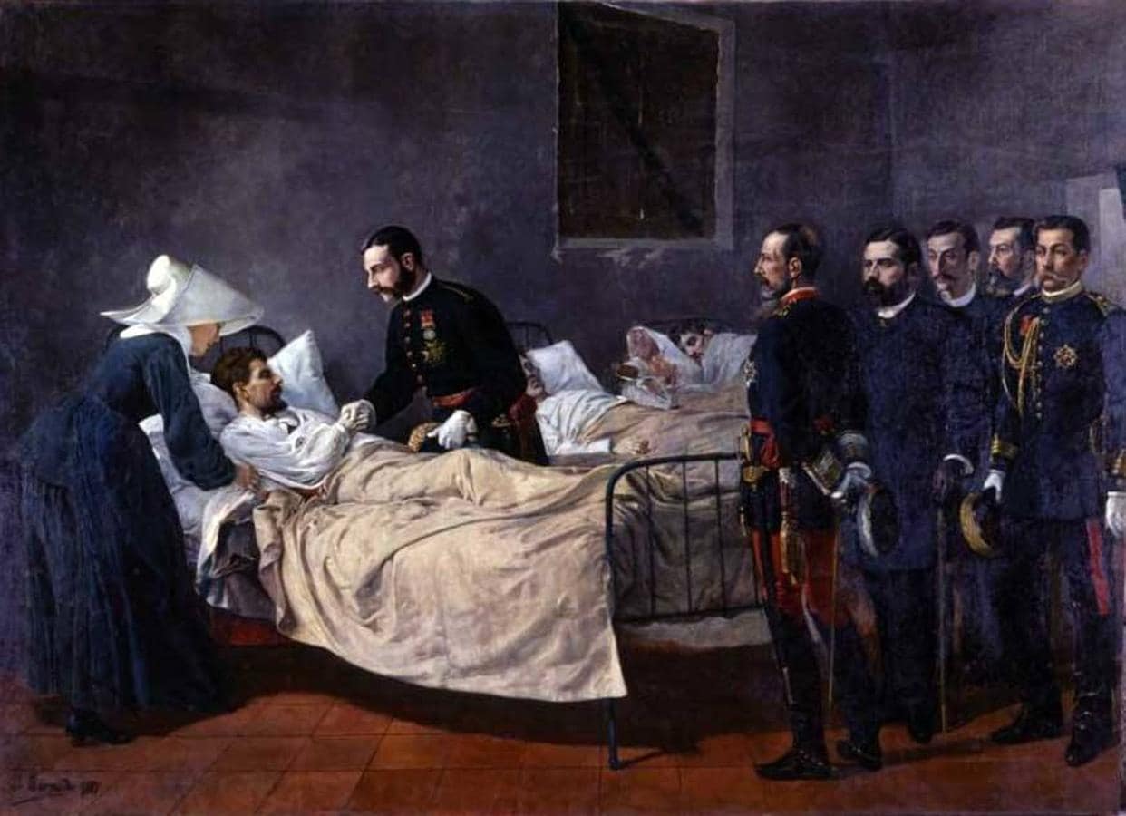 Óleo de José Bermudo Mateos (1853-1920) recogiendo la visita de Alfonso XII a los enfermos de Aranjuez el 2 de julio de 1885. 
