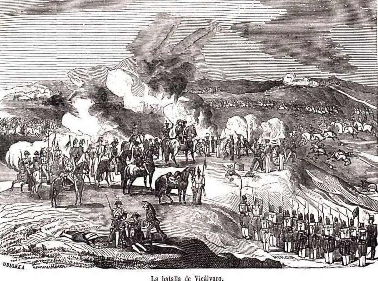 Batalla de Vicálvaro el 28 de junio de 1854. Dibujo de Vicente Urrabieta en La Ilustración. Periódico universal, 24 de julio de 1854. 